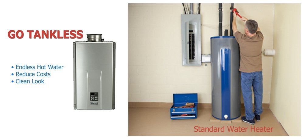 Tankless water heater compared with a standard water heater